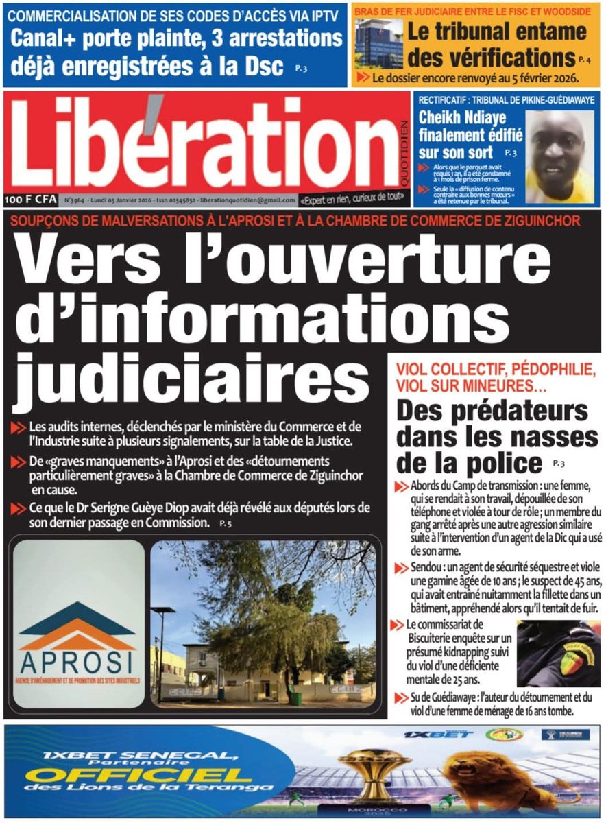 LomediaCom's tweet image. La une du journal Libération de ce lundi 5 janvier 2026.