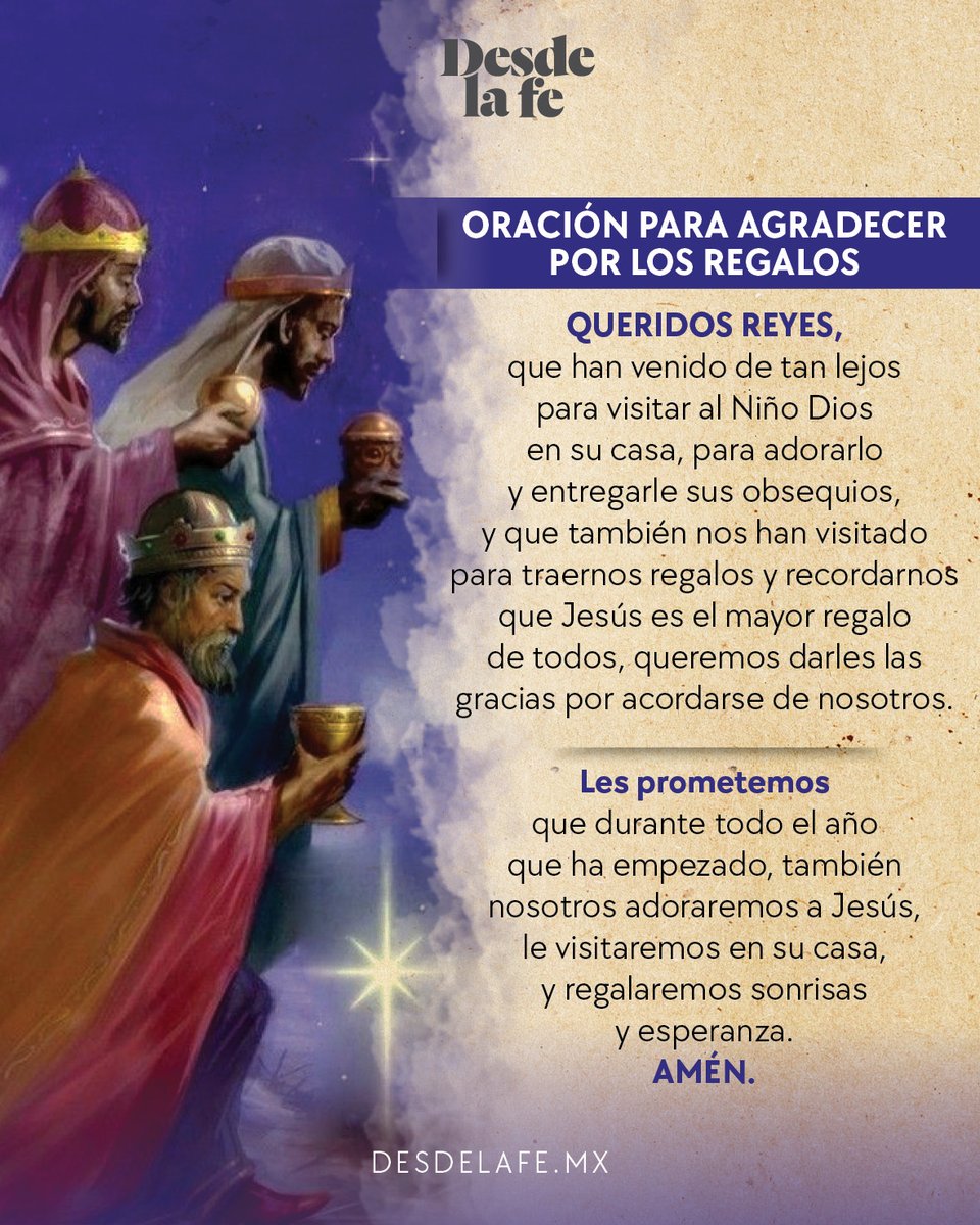 DesdeLaFeMx's tweet photo. ¡Gracias queridos Reyes Magos por los dones y gracias recibidas! 👑🙏

Con esta oración les expresamos nuestra gratitud: https://t.co/KPLBWDMVLE

#ReyesMagos #Regalos #Oración https://t.co/BKrFkGB3Eh