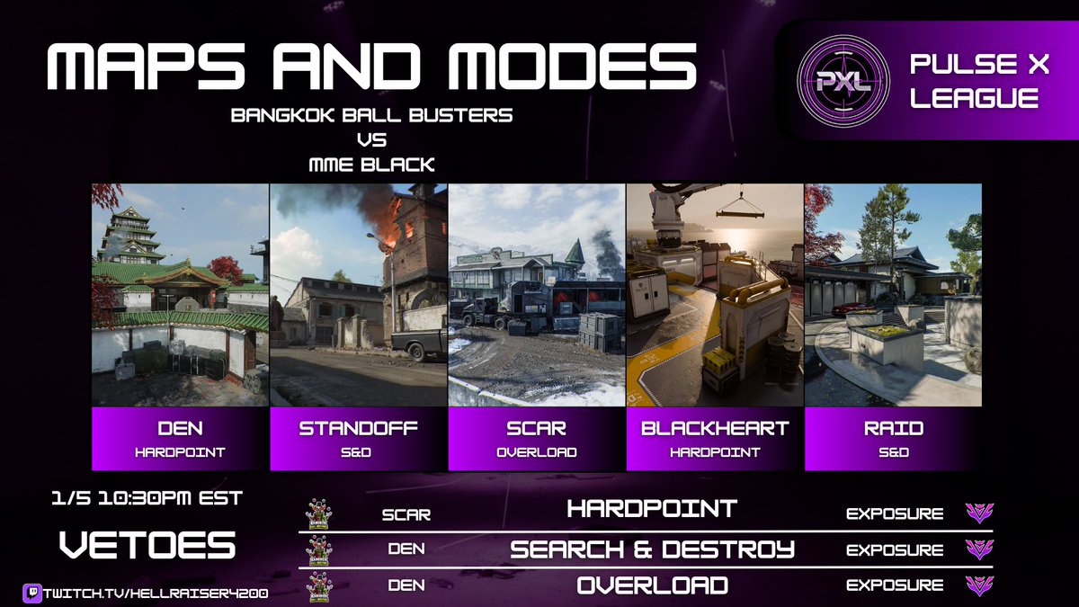 Bangkok Ball Busters look to take on MME Black tonight at 10:30pm EST! 

twitch.tv/hellraiser4200

(Join our discord for more info)
discord.gg/pulsexleague