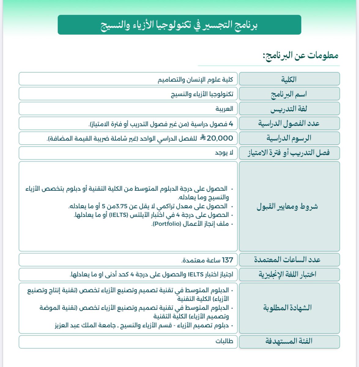 TVTC_ABR20K's tweet photo. 🚨 عاجل | 

جامعة الملك عبدالعزيز تعلن إتاحة التجسير لخريجات دبلومات الكليات التقنية تخصص الأزياء 

معنى تجسير | إكمال مرحلة البكالوريوس لخريجي الدبلوم ( سنتين - سنتين ونص ) وتأخذ بكالوريوس 

هنا التفاصيل والشروط و الآلية | 
https://t.co/Dl7iBCKrZ6 https://t.co/mmjyF2KP6k