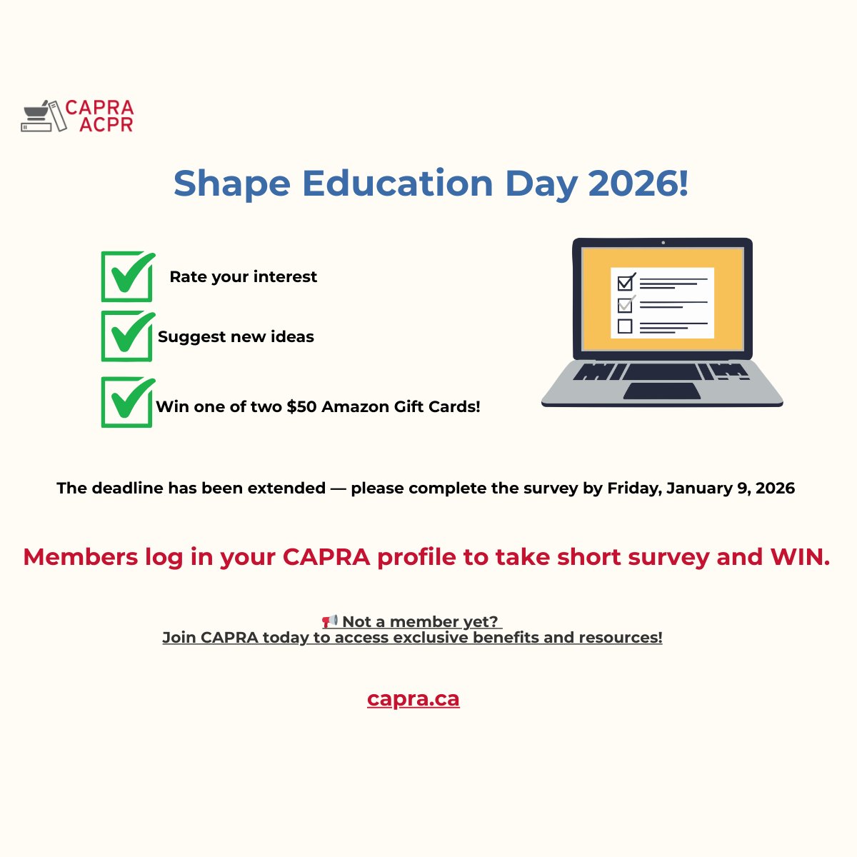 📣 Survey is extended until January 9. Take short survey and win!
👉 Log in here: capra.ca/signin/?goto=m… and visit the Members section to participate now.
#CAPRA #EducationDay2026