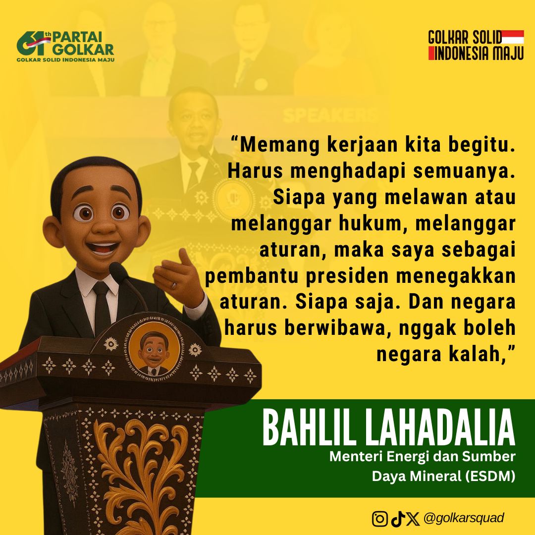 Perangi Tambang Ilegal, Menteri ESDM Bahlil Lahadalia Tegaskan Penegakan Hukum Tanpa Pandang Bulu 

Menteri Energi dan Sumber Daya Mineral (ESDM), Bahlil Lahadalia 

golkarpedia.com/perangi-tamban… 

#61TahunGolkar #partaigolkar #golkarpedia #bahlillahadalia