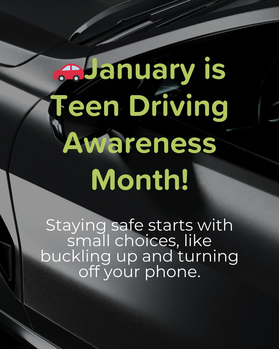 🚗January is Teen Driving Awareness Month!

Teenagers between 16 and 19 are three times more prone to being involved in a car crash than those who are 20 and above. 

Staying safe starts with small choices, like buckling up and turning off your phone.