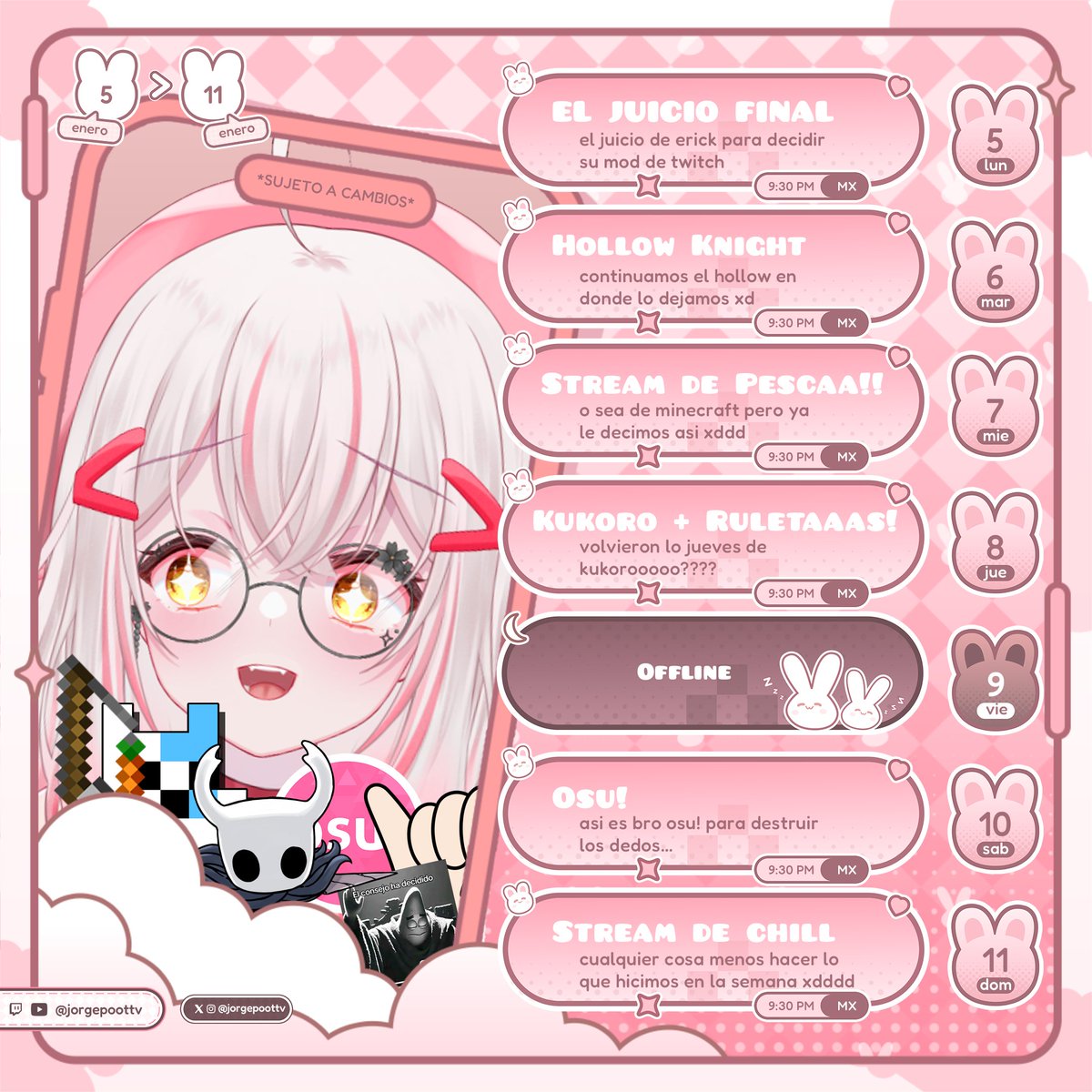 【HORARIO DE LA SEMANA】| 05/Ene. - 11/Ene.

Aquí esta el horario de la semana después de mucho tiempo regresa el formato xdd

🥀youtube.com/@JorgePootTv 
🥀twitch.tv/jorgepoottv
🥀tiktok.com/@jorgepoottv

#VtuberES #JorgePootTv #Anime