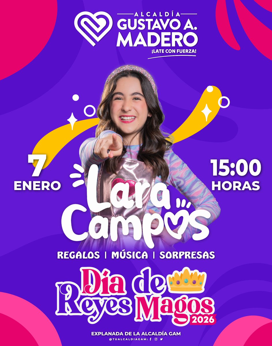 TuAlcaldiaGAM's tweet image. ¡La diversión continúa en la GAM! 👑🎉ENTRADA LIBRE Y GRATUITA
Ven celebrar el Día de Reyes Magos en la Explanada de la Alcaldía Gustavo A. Madero con un espectáculo especial de Lara Campos, lleno de música, regalos y sorpresas para consentir a las niñas y los niños. 🎶🎁✨