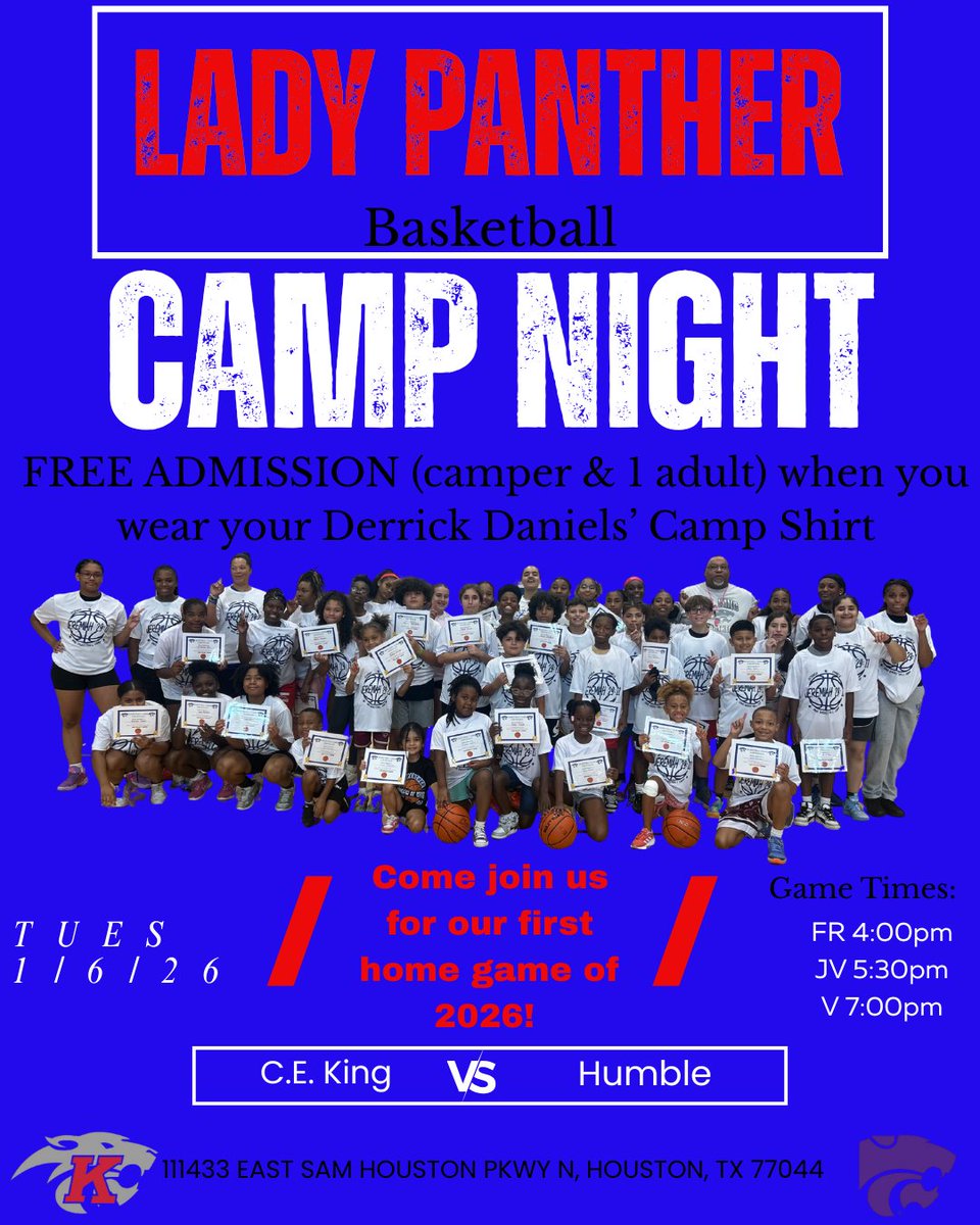CEK_GBB_FanPage's tweet photo. Camp Night is Tomorrow! If you attended our basketball camp last summer (2025), we want to see you at our game Tuesday in your Camp Shirt! Free admission if you wesr your shirt! Can't wait to see you! @15ballcoach @SheldonISD @CEKing_Football @KingHSPanthers @pressboxboyz https://t.co/AHX1RlP63r