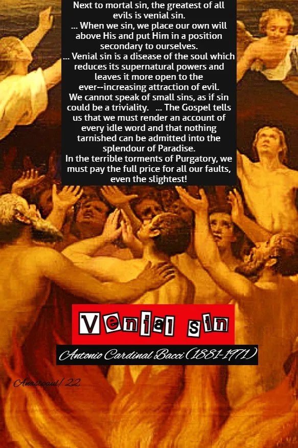 father_rmv's tweet image. Venial Sin

1. Next to mortal sin, the greatest of all evils is venial sin. Sin is always an offence against the God of goodness. When we sin, we place our own will above His and put Him in a position secondary to ourselves. If mortal sin is spiritual suicide because it…