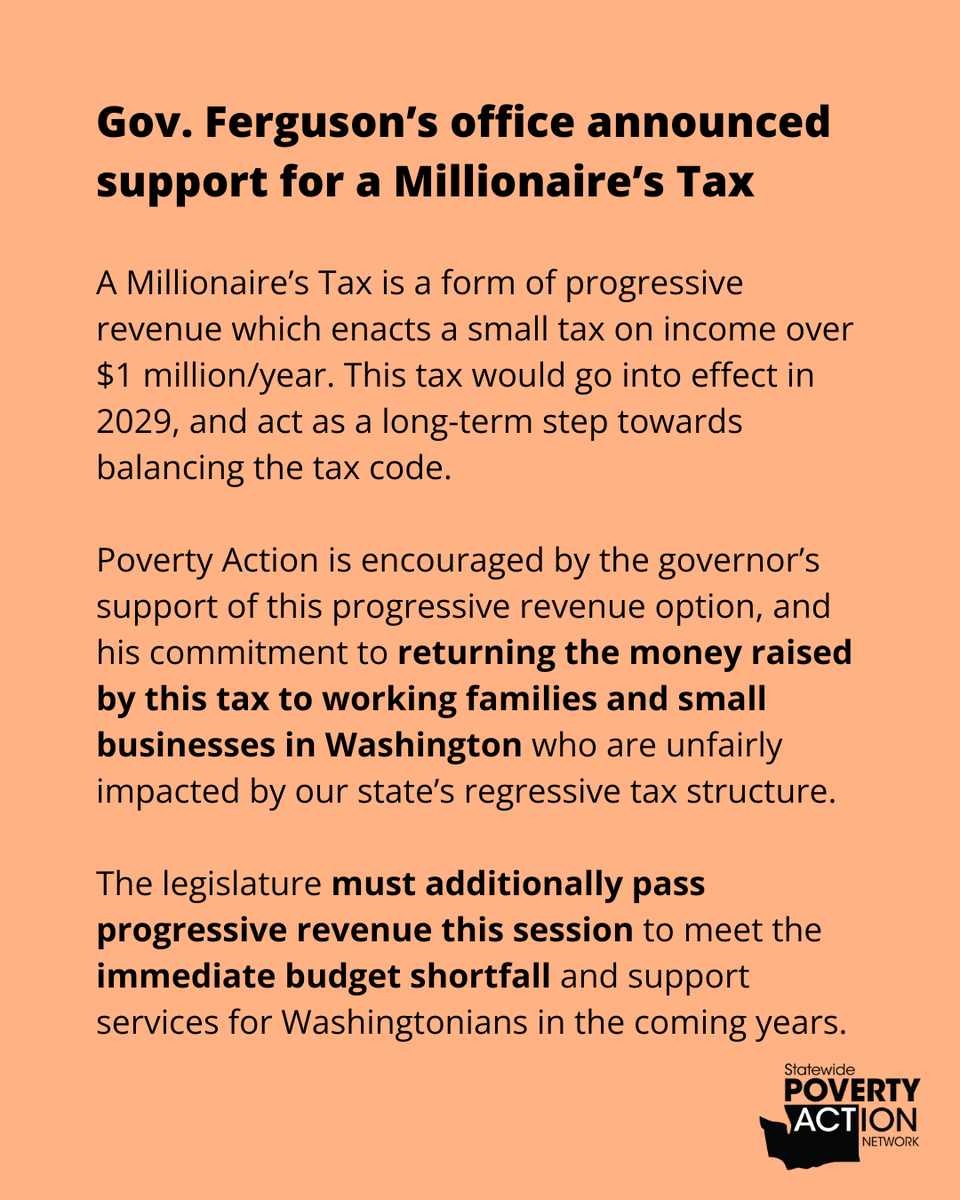 povertyactionwa's tweet photo. A Millionaire's tax would help Washington balance its tax code in the long term, making our state better for working families and small businesses. The legislature must also pursue immediate forms of progressive revenue to meet our current budget shortfall. #waleg https://t.co/O8jY6SW8Ou