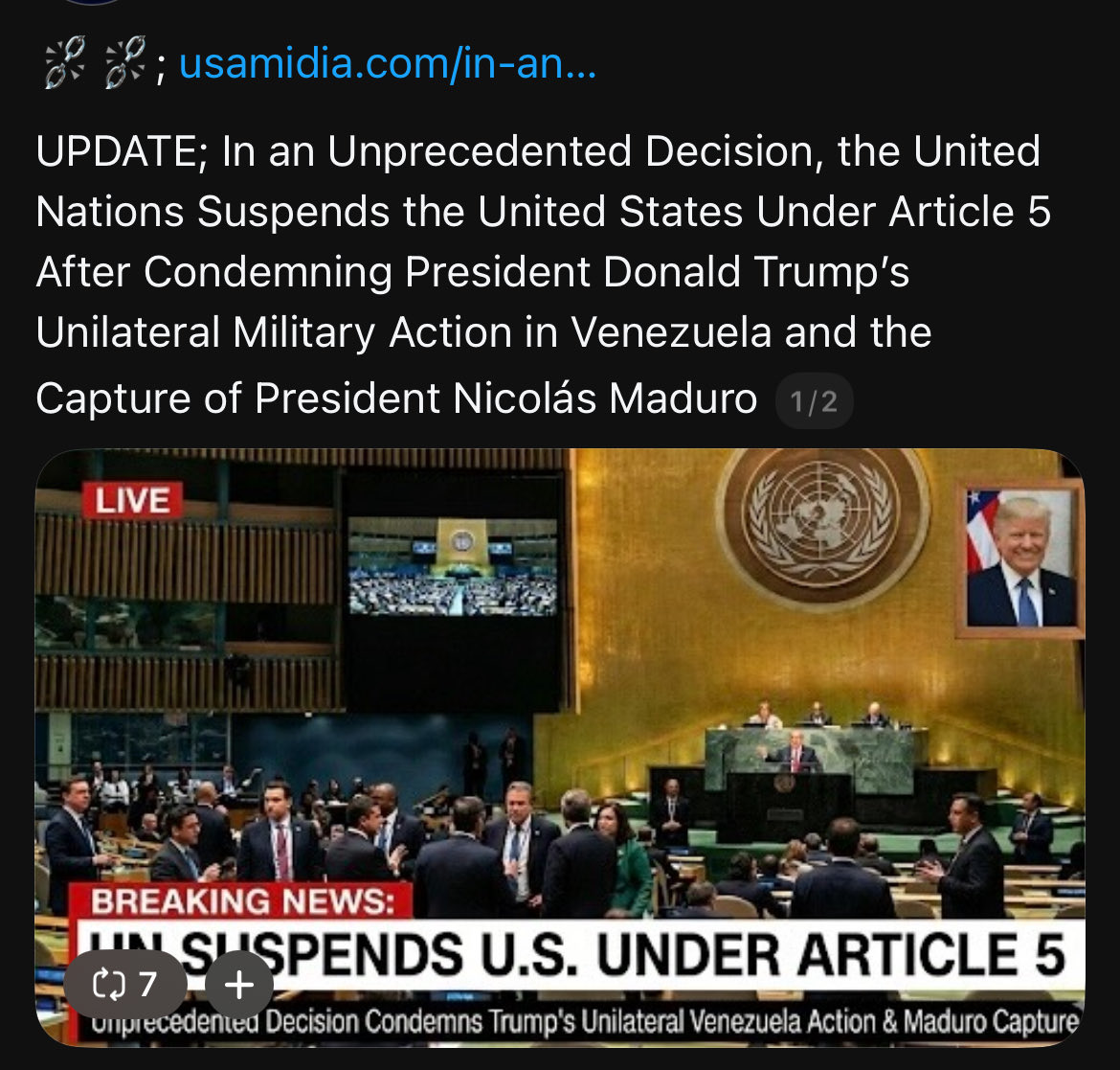 Nya360_'s tweet photo. Breaking: The United States has reportedly been suspended by the United Nations following its invasion of Venezuela. Now there are calls for those responsible, including Trump, to be held accountable and brought before criminal courts. https://t.co/eE9MFhyc5g