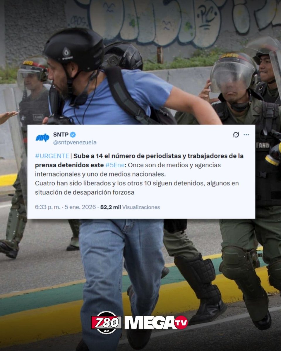 Venezuela: ya son 14 los periodistas y trabajadores de prensa detenidos este 5 de enero

🎙️El Sindicato Nacional de Trabajadores de la Prensa de Venezuela (SNTP) confirmó que asciende a 14 el número de periodistas y trabajadores de la prensa detenidos este 5 de enero. De ellos,