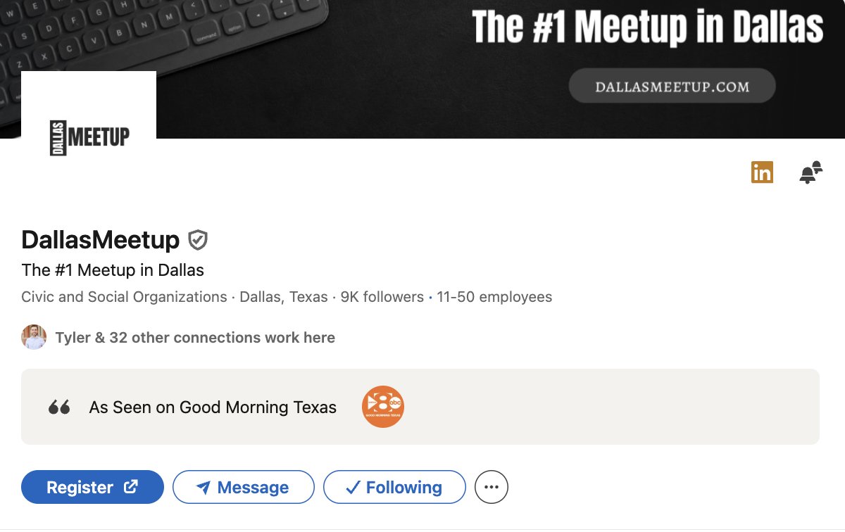 Check-mark verified and 9,000+ followers <a href="/MeetupDallas/">DallasMeetup</a>