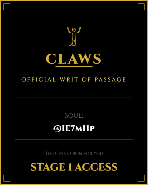 IertaHopium's tweet photo. I answered the riddle. The gates have opened.
I am marked for STAGE 1.

@clawsxnft

#CLAWS #NFT #FreeMint https://t.co/hSX1VpcXH5