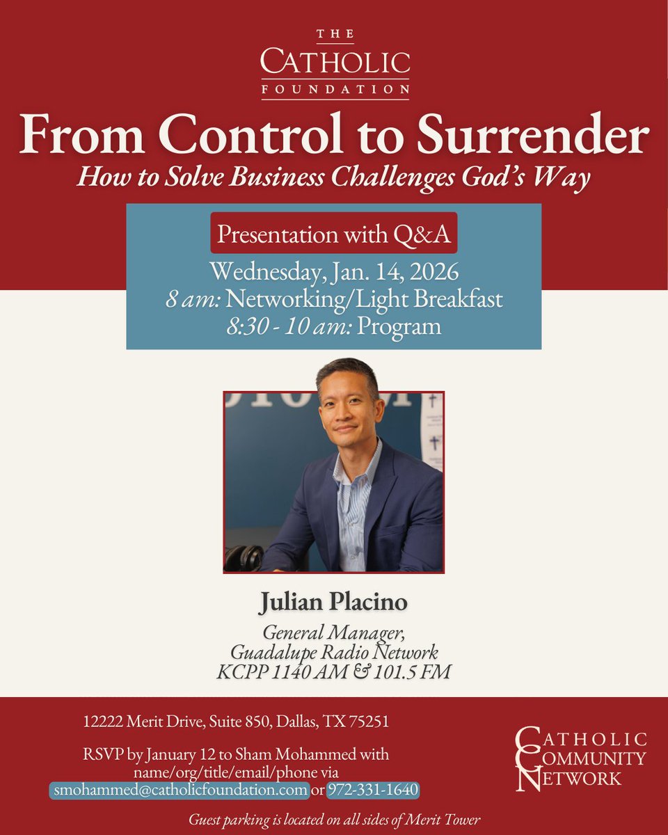 Join us Jan 14 to hear from <a href="/Julian_Placino/">Julian Placino</a> for our first CCN presentation of 2026

Please RSVP by Monday, Jan 12 to Sham Mohammed, smohammed@catholicfoundation.com or 972-331-1640. Please provide your name, organization, title, email and phone.

We can't wait to see you there!