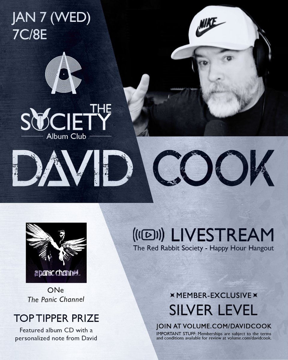 GetOnVolume's tweet photo. We're kicking off 2026 with 4 livestreams with David Cook on @GetOnVolume. 

1.7 - Happy Hour Hangout -Album Club
(ONe) - ‘The Panic Channel’ 🥈🥇
1.15 - Acoustic 🥉🥈🥇💲
1.26 - Alt-Style🥇
1.30 - FriDave Service 
🥉🥈🥇

Join the Red Rabbit Society at https://t.co/vKdkC26jwr https://t.co/tU6lz809a6