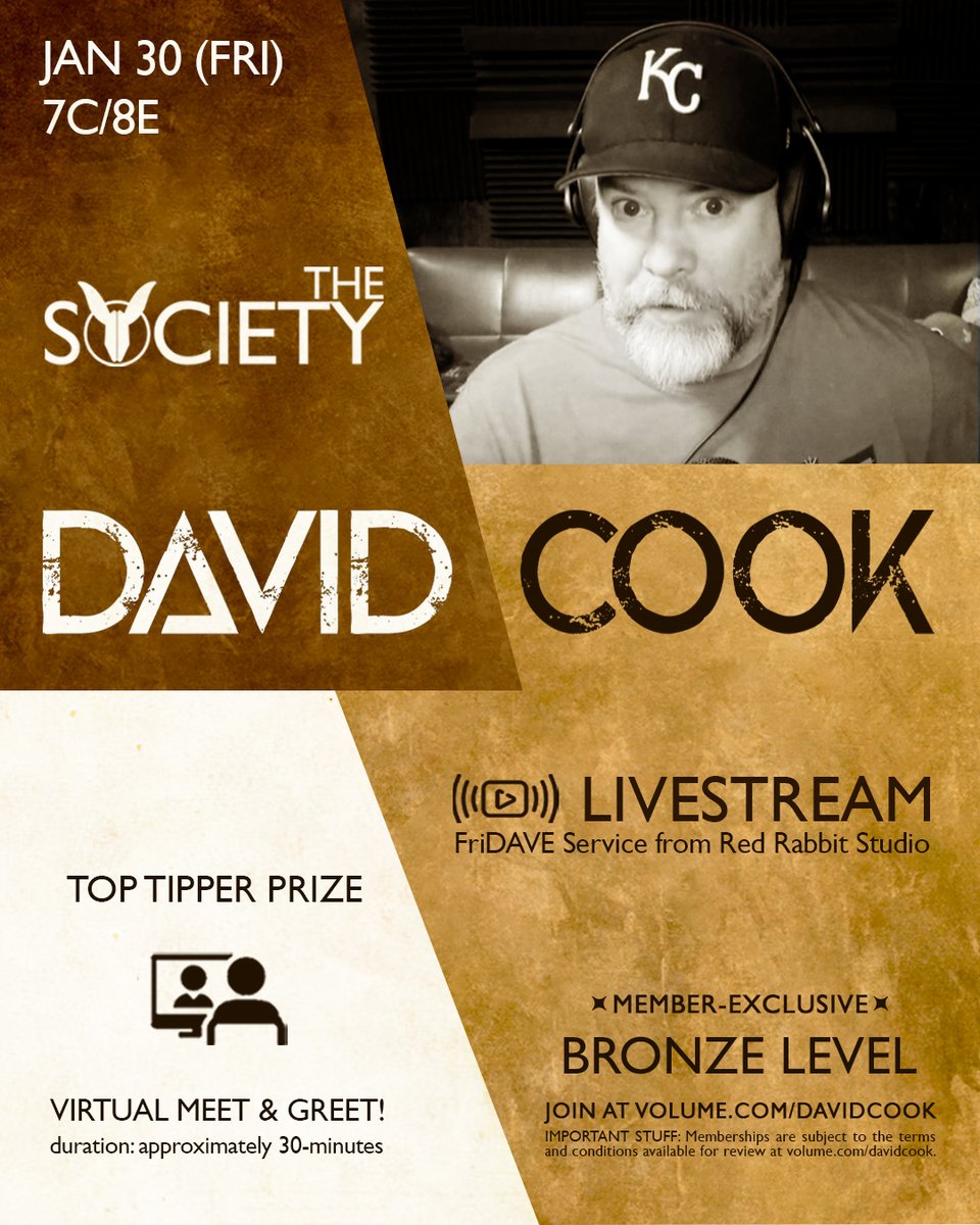 GetOnVolume's tweet photo. We're kicking off 2026 with 4 livestreams with David Cook on @GetOnVolume. 

1.7 - Happy Hour Hangout -Album Club
(ONe) - ‘The Panic Channel’ 🥈🥇
1.15 - Acoustic 🥉🥈🥇💲
1.26 - Alt-Style🥇
1.30 - FriDave Service 
🥉🥈🥇

Join the Red Rabbit Society at https://t.co/vKdkC26jwr https://t.co/tU6lz809a6