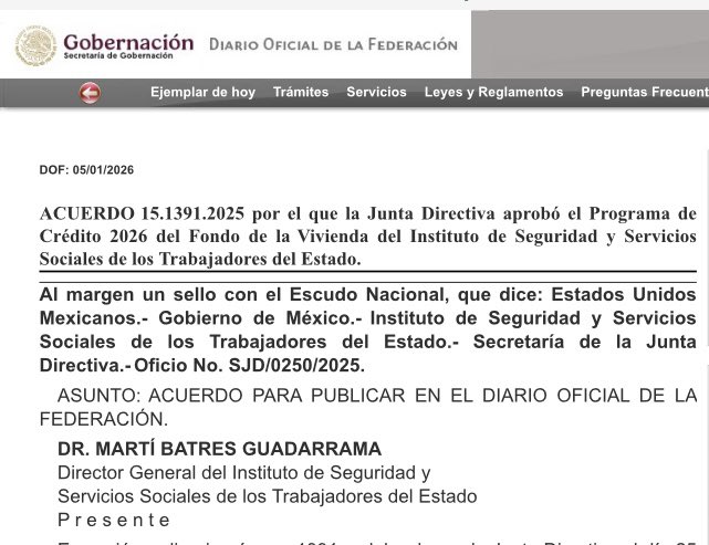 Hoy se publicó en el Diario Oficial  el Programa de Créditos Fovissste para el Ejercicio Fiscal 2026 <a href="/FOVISSSTEmx/">FOVISSSTE</a> 

dof.gob.mx/nota_detalle.p…