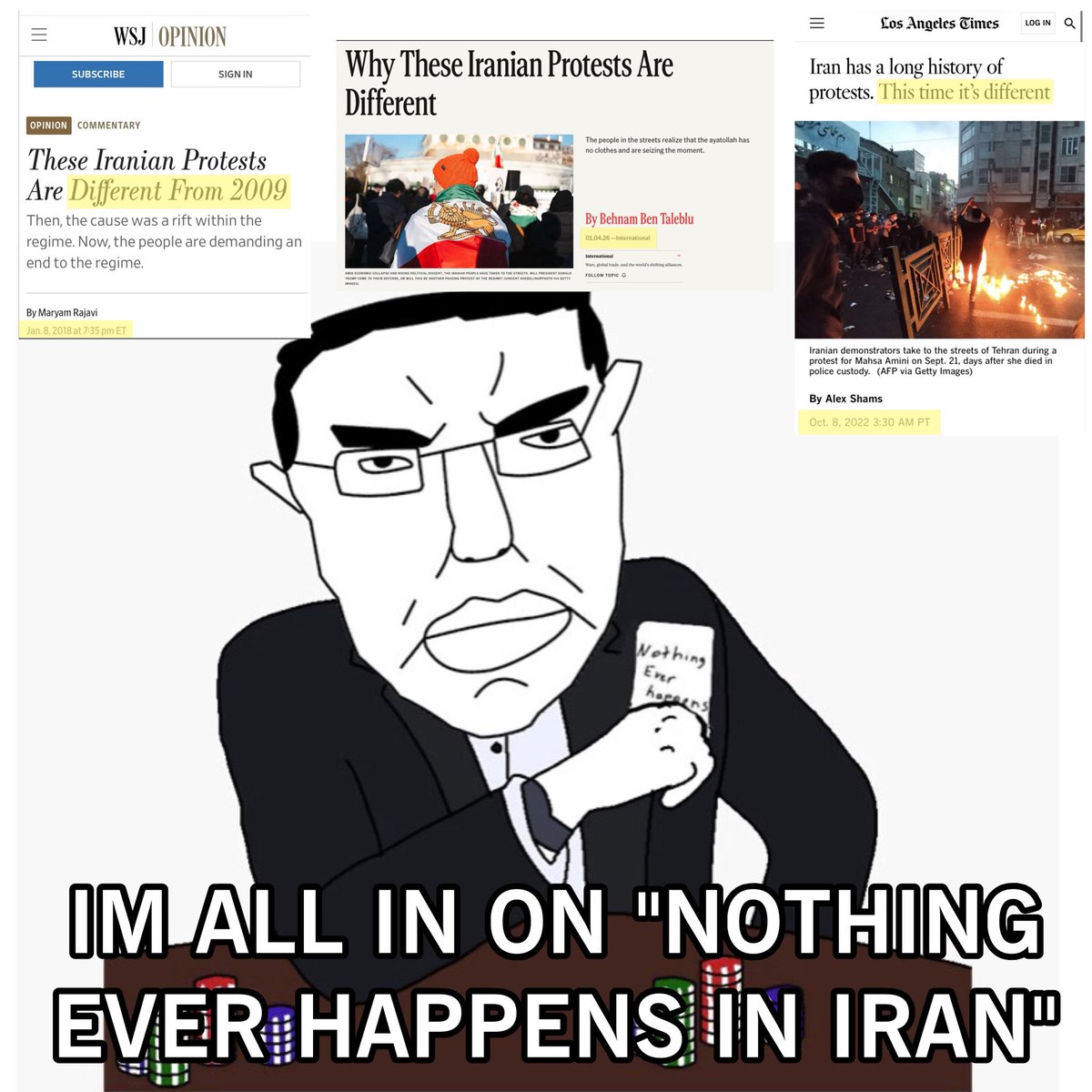 lezm_real's tweet photo. I do unironically hope the regime falls.

Time will tell. I feel like the opportunity for Iranians to upstage their gov was 6 months ago when they were getting dunked on by Israel and the US. Instead they rallied around their government. https://t.co/NbQnYcRfmD