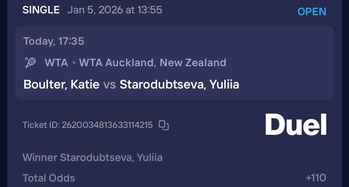 🎾𝙈𝙤𝙣𝙙𝙖𝙮 𝙅𝙖𝙣𝙪𝙖𝙧𝙮 5𝙩𝙝 𝙁𝙧𝙚𝙚 𝙋𝙡𝙖𝙮🎾 

🇺🇦𝐘𝐮𝐥𝐢𝐚 𝐒𝐭𝐚𝐫𝐨𝐝𝐮𝐛𝐭𝐬𝐞𝐯𝐚 +110 2𝐮🇺🇦 

🌟(28-13 𝗹𝗮𝘀𝘁 41 𝗧𝘄𝗶𝘁𝘁𝗲𝗿 𝗳𝗿𝗲𝗲 𝗽𝗹𝗮𝘆𝘀)🌟

30 day 𝗙𝗥𝗘𝗘 VIP trial (30 subscribers)👉 whop.com/nvs-bets?a=use…

𝗙𝗥𝗘𝗘 discord (118 members)📲