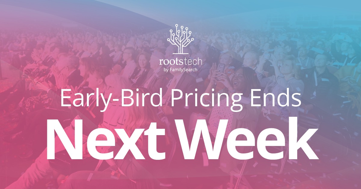 RootsTechConf's tweet photo. The clock is ticking! Early-bird pricing for RootsTech 2026 ends next week, so register before it’s too late. You don’t want to miss out on the biggest family discovery event of the year!

Attend in person or register for the online conference!

https://t.co/YnrzzYS1yC 

#RootsTech2026 #Registration #EarlyBird