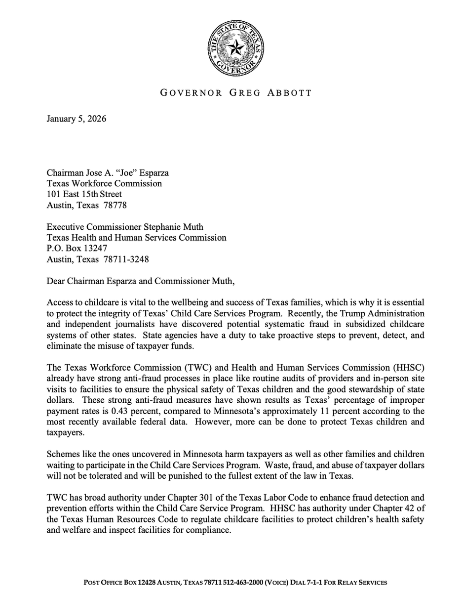 bwaltens's tweet photo. BREAKING: @GregAbbott_TX directs state agencies to investigate potential childcare funding fraud in Texas, following recent reports out of Minnesota #txlege https://t.co/2WIhjcQWLA