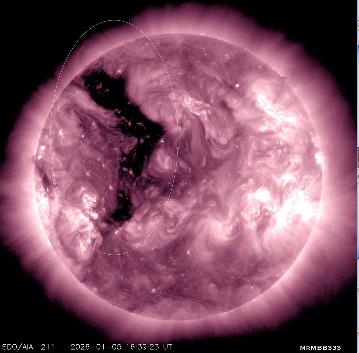 A deep gash in the sun’s atmosphere (coronal hole) has doubled in size since yesterday!

In just 24 hours it has darkened and grown exponentially in overall size. 

High speed solar wind exiting this huge opening wil be earth directed as it sits on the equator of the sun. 

We