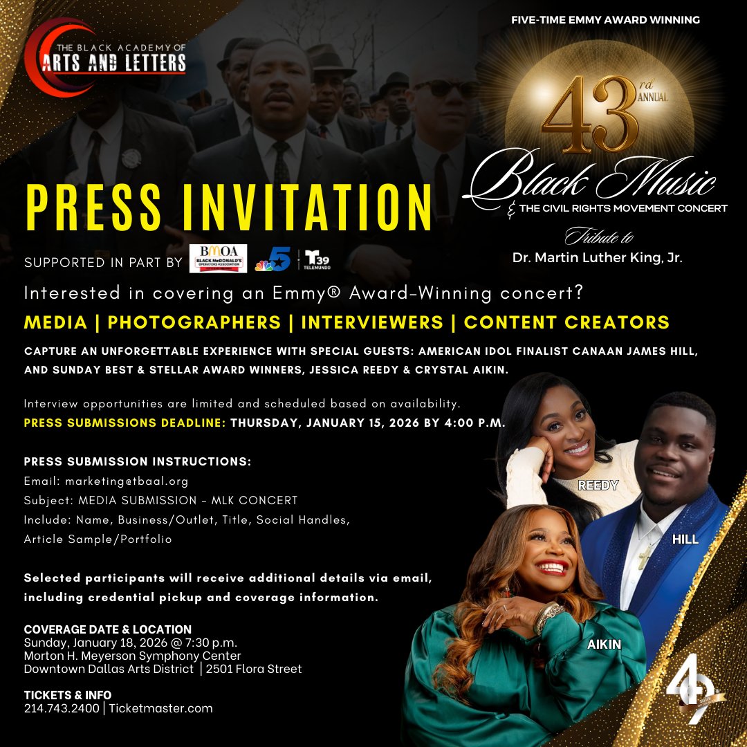 TBAAL's tweet image. 🎼 ✊ Press Invite: Celebrate the Legacy of Dr. Martin Luther King, Jr.!

TBAAL invites all press, interviewers, photographers, and content creators to cover our Five-Time Emmy Award Winning concert happening Sunday, January 18 @ 7:30 p.m.

#thingstodoindallas
