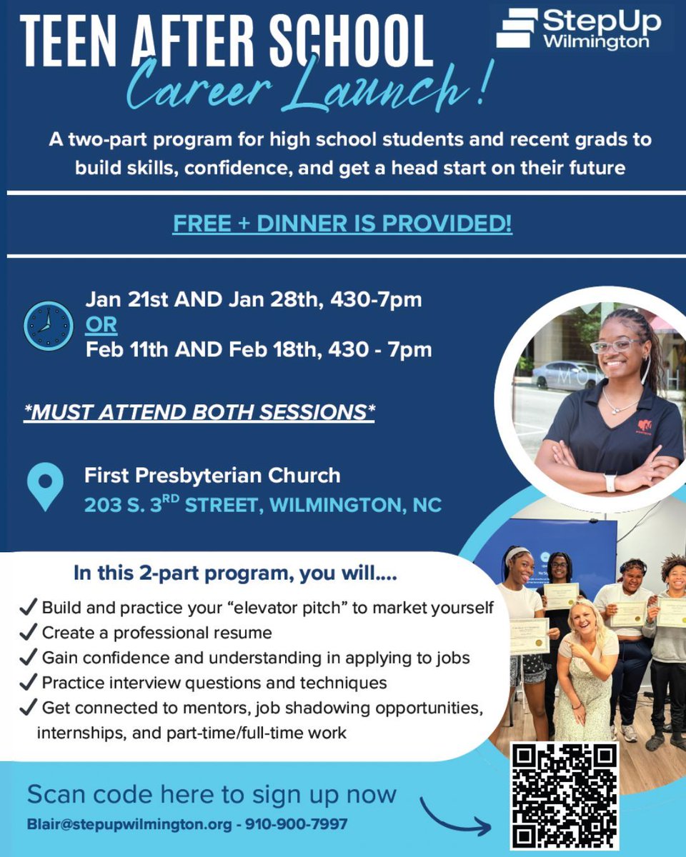 StepUpILM's tweet image. New year, new goals.
Build your resume, practice interviews, connect with mentors, and get a free headshot. Dinner included.

After School Career Launch starts 1/21.
Sign up here: signupgenius.com/go/10C0B4FAAAF…

#StepUpWilmington #CareerLaunch #FutureReady