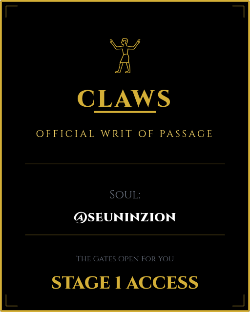 seuninzion's tweet photo. I answered the riddle. The gates have opened.
I am marked for STAGE 1.

@clawsxnft

#CLAWS #NFT #FreeMint https://t.co/nW8EotIaCe