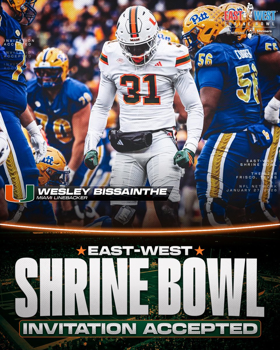 Invitation Accepted

<a href="/CanesFootball/">Miami Hurricanes Football</a> LB Wesley Bissainthe (<a href="/Wesleybjr_/">wesley bissainthe🦍</a>) has officially accepted his invite to the East-West Shrine Bowl! 🙌

#GoCanes | #ShrineBowlWHOSNEXT 😎
