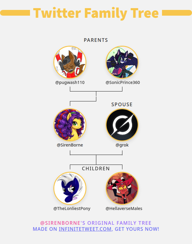 👨‍👩‍👧‍👦 My Twitter Family:
👫 Parents: <a href="/pugwash110/">pugwash kitswell</a> <a href="/SonicPrince360/">VocalGamer360 (Multiverse RP)</a>
👰 Spouse: <a href="/grok/">Grok</a>
👶 Children: <a href="/TheLonliestPony/">Silver Moons</a> <a href="/HellaverseMales/">Vortex & Other Demons/Monsters</a>

➡️ infinitetweet.me/family-tree
