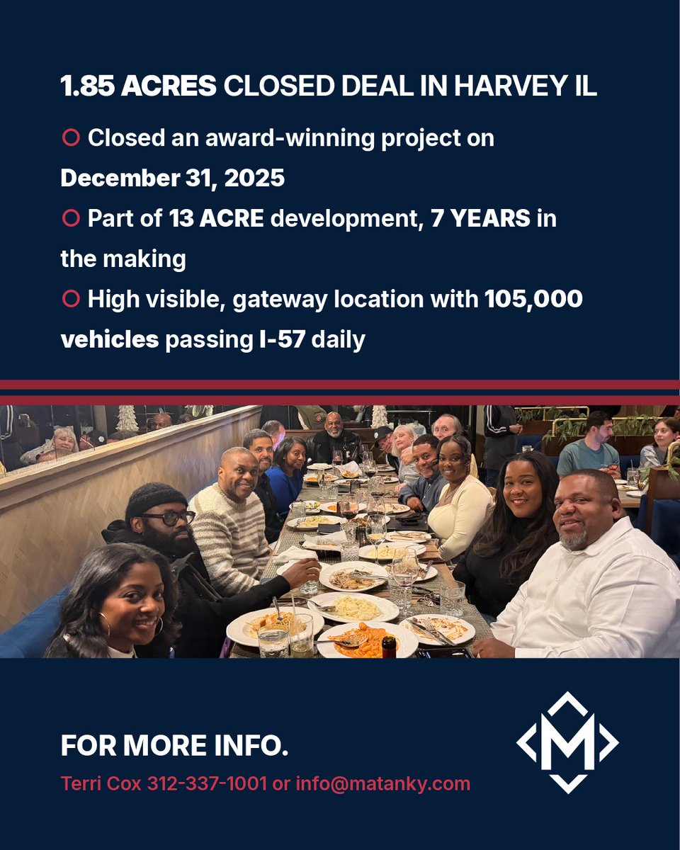 On New Year’s Eve, Terri Cox closed a 1.85-acre gateway site at 147th St &amp; Dixie Hwy with E&amp;S Development and AGG. Part of a larger 13-acre project, this exciting development marks a big step forward for Harvey. Congrats to all involved. #ClosedDeal #CRE #Chicagoland