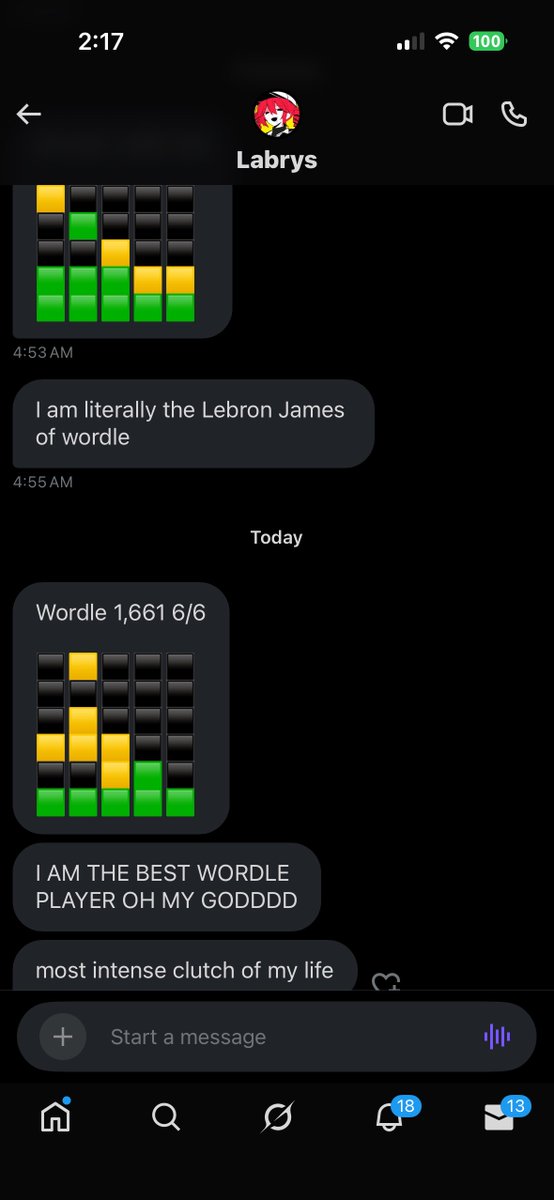 mosuyanagi's tweet image. this person has just been sending me their wordle score every few days and i actively look forward to it