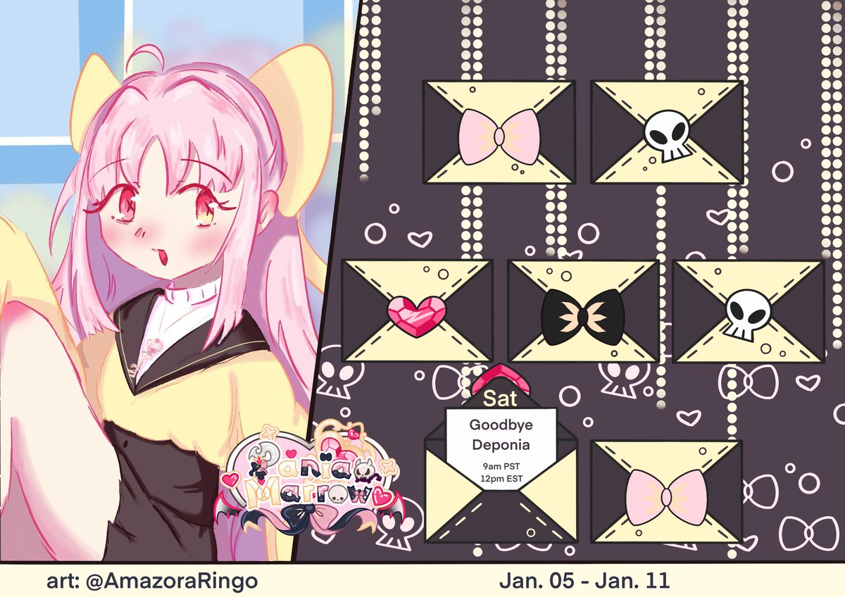 PaniaMarrow's tweet photo. 💀Stream Schedule🎀
January 5th - 11th
Art: #paniarts
Clips: #paniclip https://t.co/2qSsaBofxV