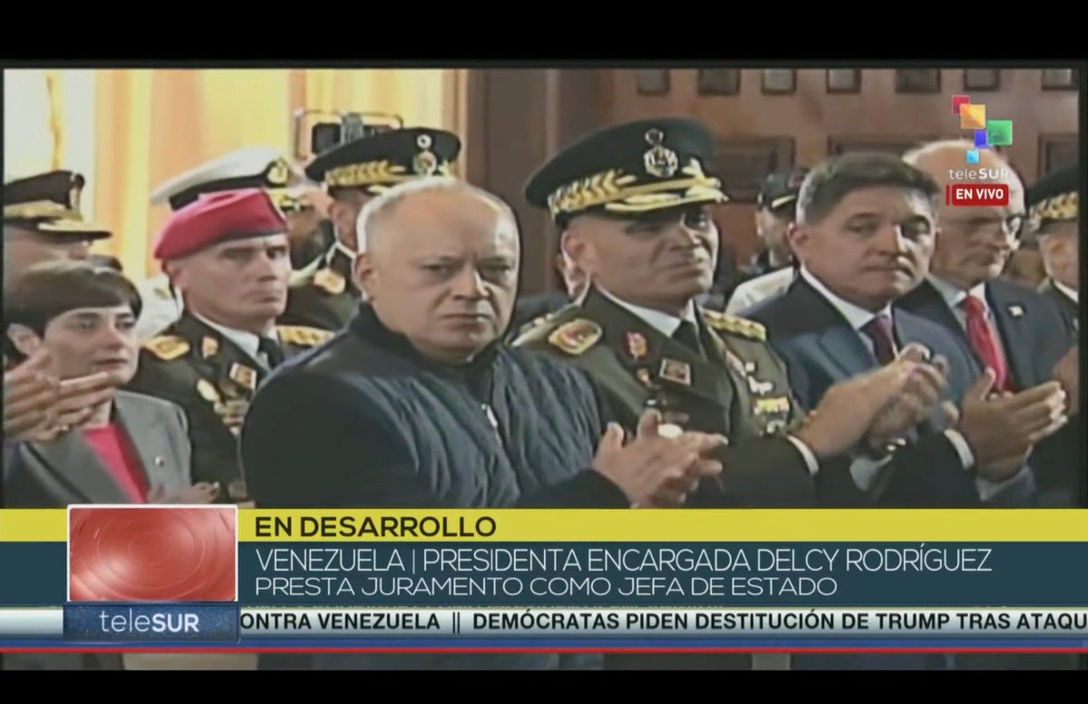 GRamsey_LatAm's tweet photo. #Venezuela state TV shows PSUV hardliner (and rumored Delcy Rodriguez rival) Diosdado Cabello at Rodriguez's swearing-in. But he doesn't exactly seem jubilant. https://t.co/FehsCCPHnj