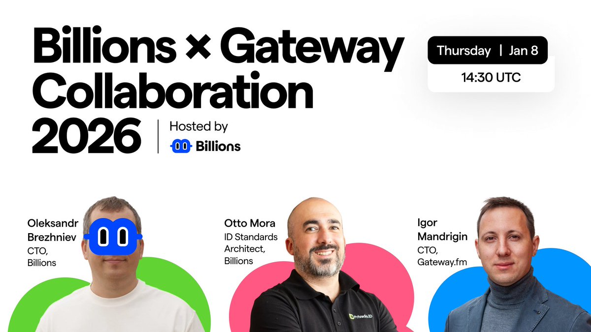 billions_ntwk's tweet image. This Thursday an X Space about Billions’ 2026 collaboration with @gateway_eth

Date: Jan 8th
Time: 14:30 UTC

Speakers:
🎙️ @OBrezhniev - CTO, Billions
🎙️ @ottomorac - Identity Standards Architect, Billions
🎙️ @mandrigin - CTO, Gateway FM

Set reminder 🔔