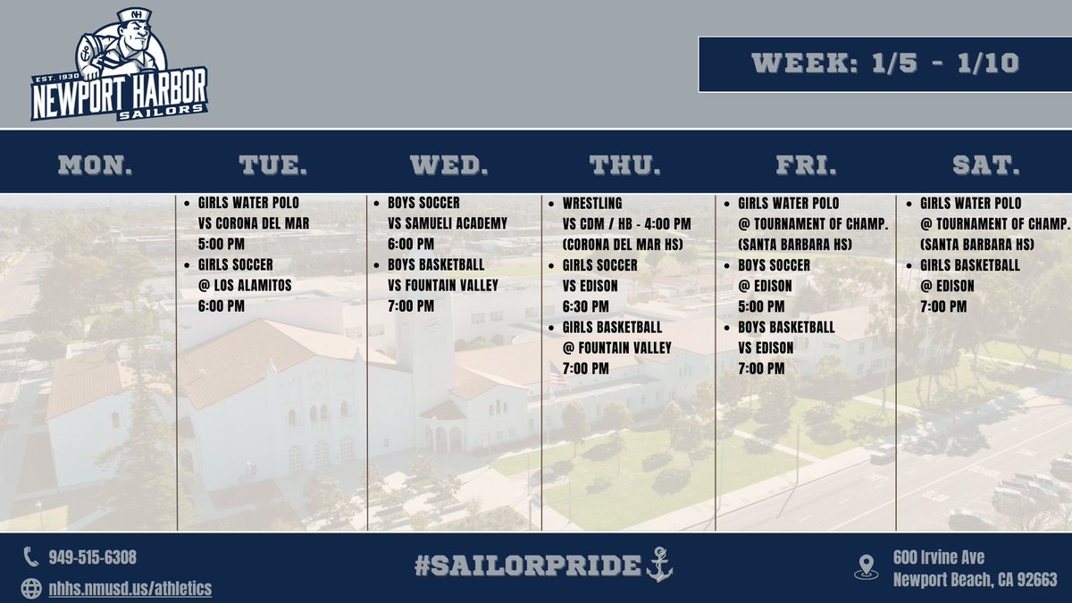 NH_SailorSports's tweet photo. NHHS Varsity Athletic Contests
Week: 1/5 - 1/10
@mjszabo @AndrewTurnerTCN @OCSportsZone
@ocvarsityguy @SteveFryer @latsondheimer
#SailorPride⚓️ https://t.co/h6VRGo9el2