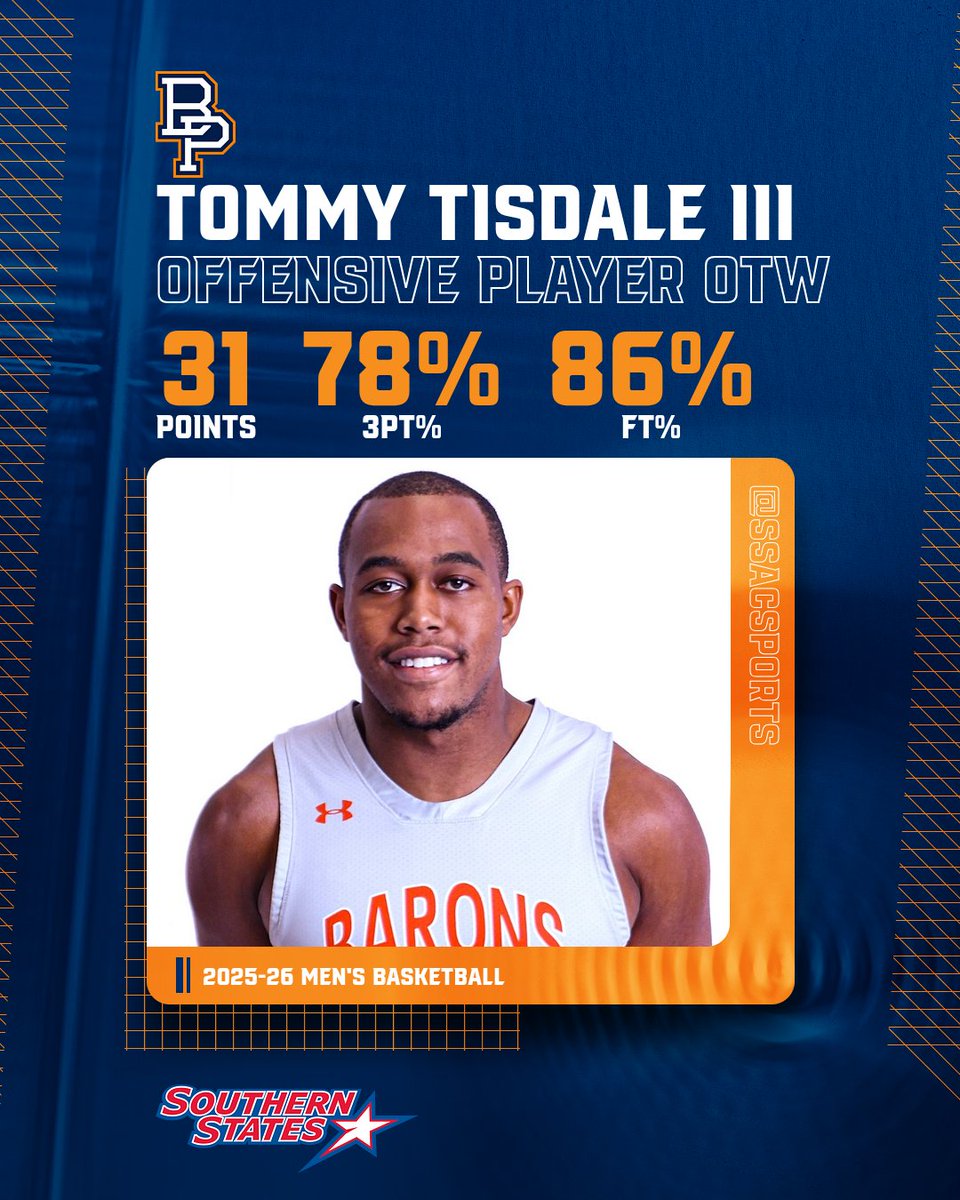 SSACsports's tweet image. 𝗦𝗦𝗔𝗖 𝗠𝗲𝗻’𝘀 𝗕𝗮𝘀𝗸𝗲𝘁𝗯𝗮𝗹𝗹 𝗣𝗹𝗮𝘆𝗲𝗿𝘀 𝗼𝗳 𝘁𝗵𝗲 𝗪𝗲𝗲𝗸

Offensive: Tommy Tisdale III (@bpcuathletics)
Defensive: Jonathan Goldson (@tunighthawks)

🔗 tinyurl.com/d6z43xz3