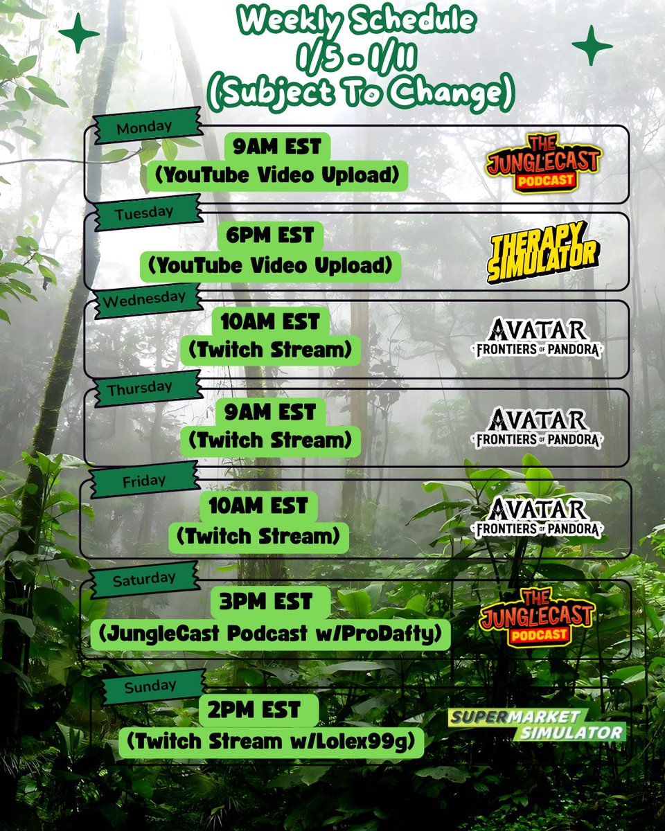 DreMontana52's tweet image. Weekly Stream Schedule (1/5-1/11)
(Subject to change)

Monday
9AM EST
🎙️ The JungleCast Podcast (YouTube, Spotify &amp;amp; Apple Podcasts)

Tuesday
6PM EST
🛋️ Therapy Simulator (YouTube Video Upload)

Wednesday 
10AM EST
🌍 Avatar: Frontiers of Pandora (Twitch Stream)

Thursday 
9AM EST…