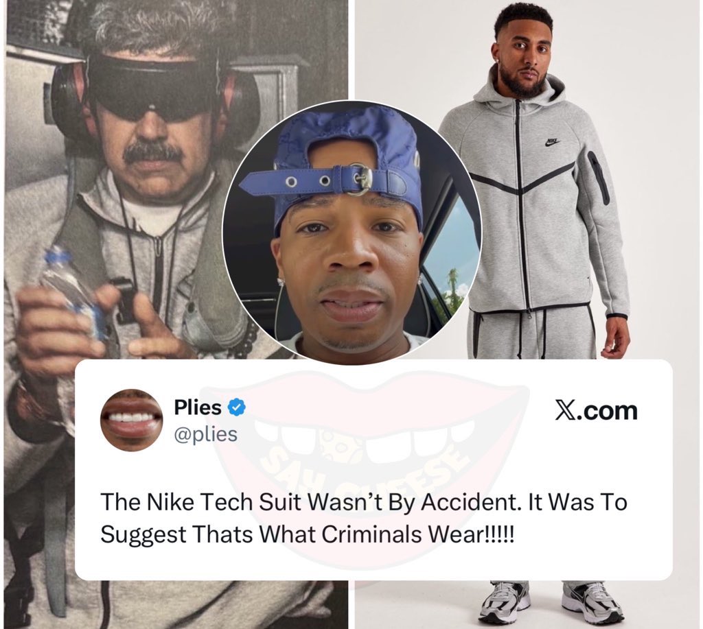 SaycheeseDGTL's tweet image. Plies speaks on Venezuelan president Marudo being arrested wearing Nike Tech:

“The Nike tech suit wasn’t by accident it was to suggest that’s what criminals wear”
