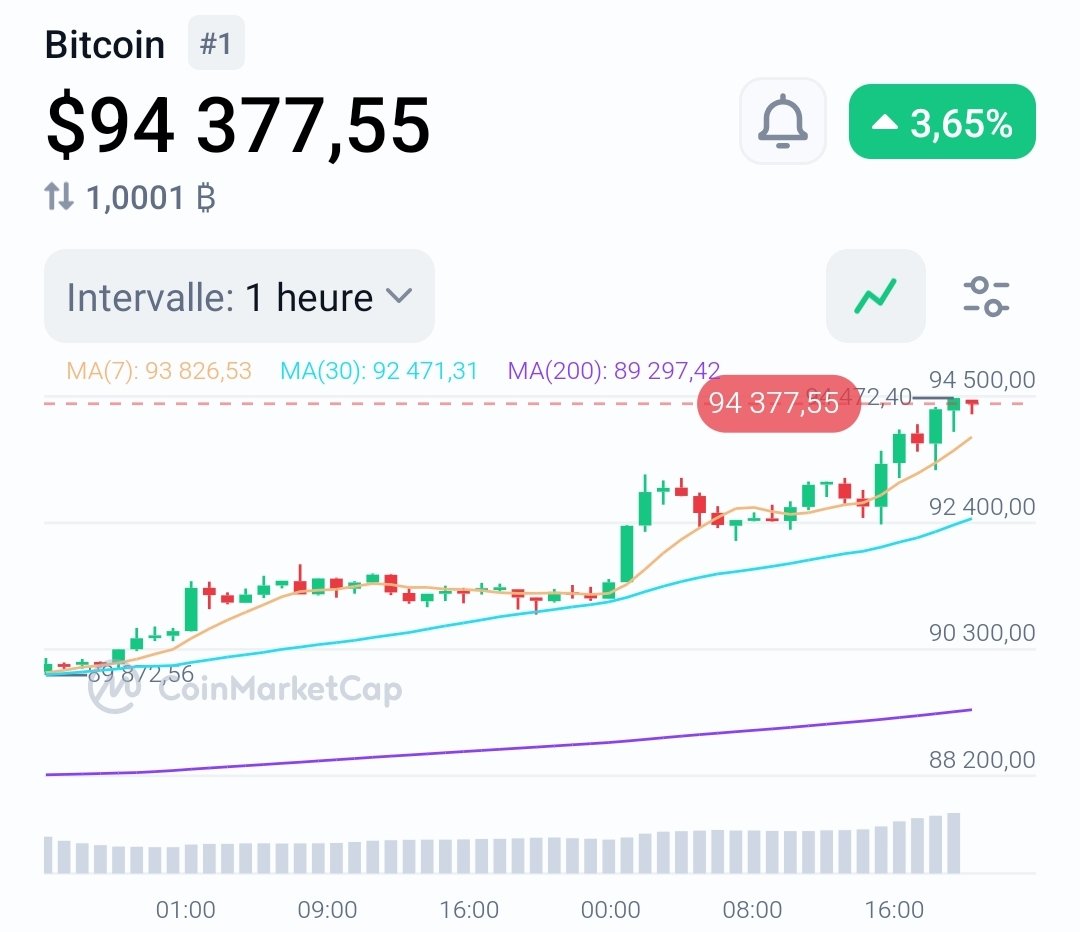 📈 Le prix du Bitcoin repasse au-dessus des 94 000 $.
