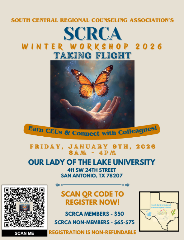SCRCA_TCA's tweet photo. Our #SCRCA Winter Workshop is this Friday, January 9th @ Our Lady of the Lake University from 8-4:00.
You will have an opportunity to earn 5 CEUs. Breakfast &amp; lunch are included in your registration fee as well. See our flyer, website, or the link  in our bio for registration. https://t.co/ucpZgbmfkW