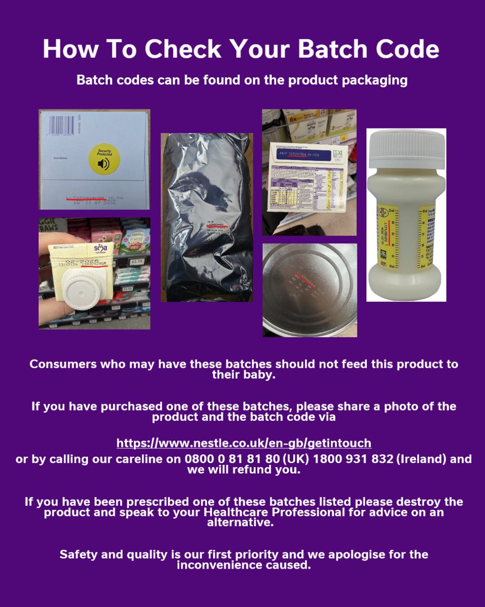 As a precautionary measure, Nestlé is voluntarily recalling specific batches of its SMA infant formula and follow-on formula.  This is due to the potential presence of cereulide in the batches concerned.   A full list of products and batch numbers can be found here on the images