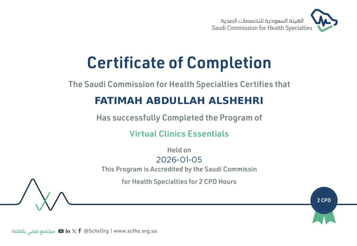 Banitoto's tweet image. كورسات صغيرة و مجانية من هيئة التخصصات الصحية السعودية (SCFHS) و إذا خلصتها يعطونك شهادة و ساعات تعليم (CME)😍 سجل عن طريق نفاذ و شوف المحتوى و حل الاسئلة و مفرووض بعد فترة تشيك على حسابك في ممارس بلس و تلاقي الساعات أضيفت لك .

learning.scfhs.org.sa/auth/login?red…