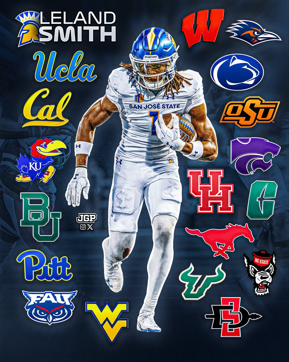 jgpvisuals's tweet image. Former SJSU standout WR Leland Smith has been in contact with these 18 schools since entering the Transfer Portal, he tells me.

The 6’4, 220 lb WR totaled 43 Receptions for 688 Yards &amp;amp; 3 TDs for the Spartans this past season.

He’s taken a visit to USF &amp;amp; is currently at UCLA.