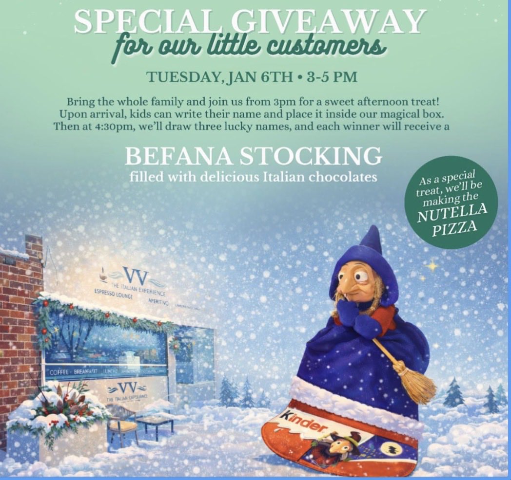 Celebrate La Befana at VV Tomorrow in the square!  La Befana is a beloved Italian folkloric figure celebrated on January 6, (Epiphany Day). According to tradition, she is a kind old woman who travels on a broom, visiting children’s homes during the night to leave sweets and small