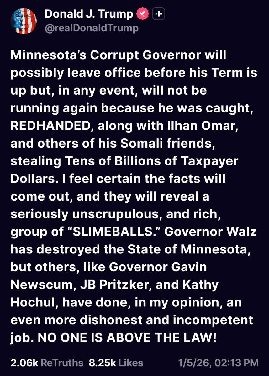 GoldenAgeTimes2's tweet image. 🚨NOW: President Trump BLASTS Tim Walz, Ilhan Omar &amp;amp; his other SLIMEBALL accomplices, says Kathy Hochul Gavin Newsom &amp;amp; JB Pritzker are more incompetent than Tim Walz.

"Minnesota’s Corrupt Governor will possibly leave office before his Term is up but, in any event, will not be…
