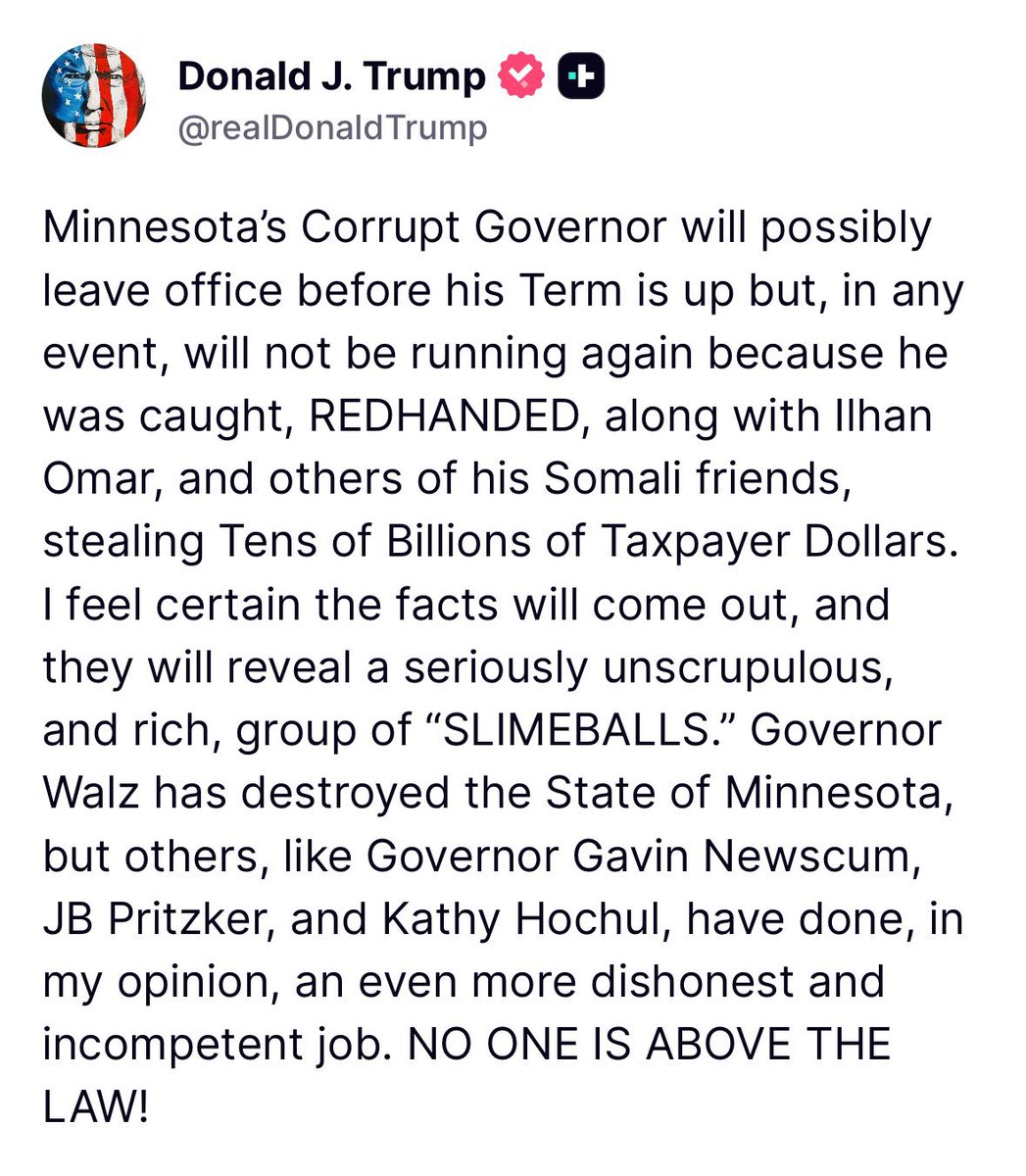 WarClandestine's tweet image. The chances of Delta Force showing up in Tim Walz’s bedroom just skyrocketed.

Trump is pretty brazenly saying that Walz and Ilhan Omar were caught “REDHANDED” in the Somali fraud.

Trump says this as 2,000 DHS agents are reportedly headed to Minneapolis.

It’s about to go down.