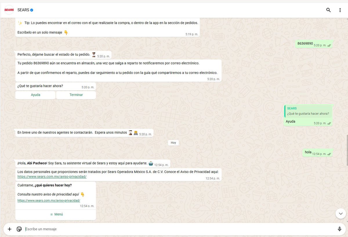 abipachpach's tweet photo. @searsmexico hice una compra el 19 de diciembre con promesa de entrega entre el 21 y 24 de diciembre, no ha llegado, no hay atención al cliente real… solo chatbot, el estatus no cambia, necesito una solución de verdad. Porque cobrada ya está… para eso no hay falla @Profeco https://t.co/JH9idfmxoT