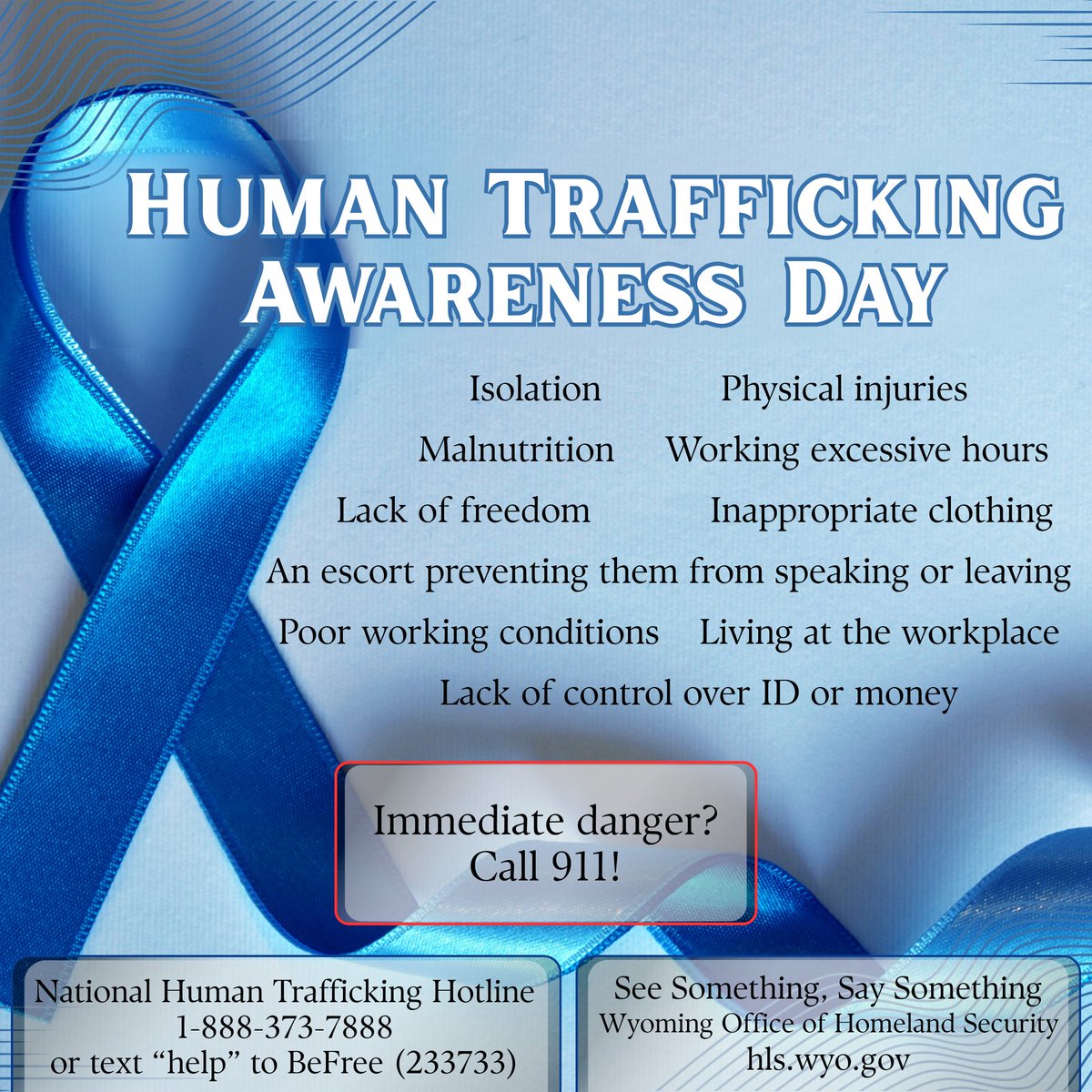 WyOHS's tweet photo. Human trafficking often hides in plain sight. If something doesn’t feel right, it’s okay to report it even if you aren’t certain. Trusting your instincts can help protect someone who may not be able to ask for help themselves.
#SeeSomethingSaySomething #Awareness #BeTheHero https://t.co/XAzsLCmxoI