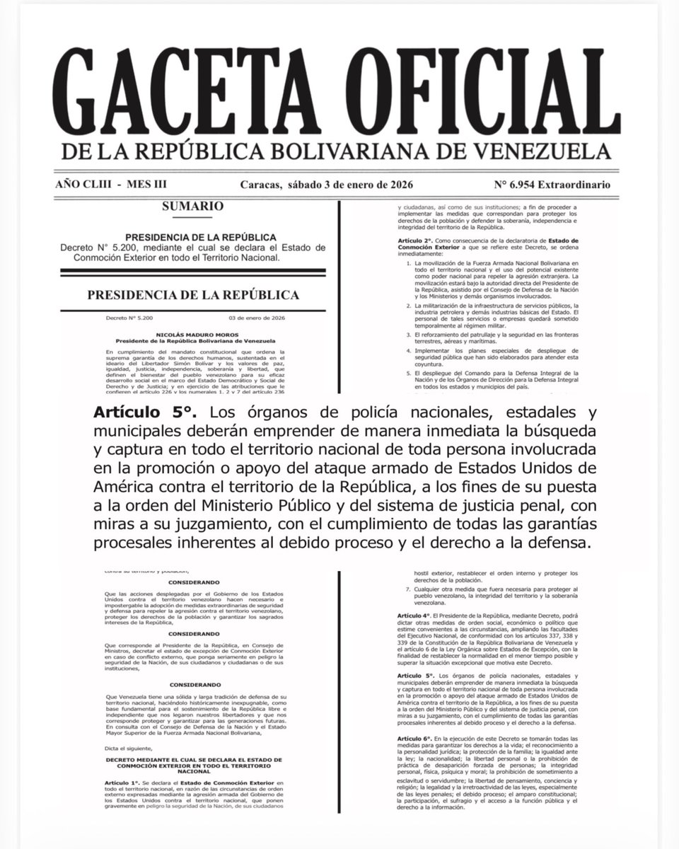 ElyangelicaNews's tweet photo. #URGENTE 

El régimen venezolano y sus nuevos operadores encienden la maquinaria de persecución y advierten, incluso en Gaceta Oficial, detenciones y capturas de personas que ellos consideren “promueven” el apoyo al ataque armado de Estados Unidos en Venezuela. A esta hora más de una veintena de periodistas y trabajadores de la prensa están detenidos, no se sabe en qué circunstancias. El Servicio Bolivariano de Inteligencia, Sebin, trabaja acompañado por colectivos violentos, los mismos de siempre, los llamados grupos de choque que tanto se han denunciado. 

05Ene2026